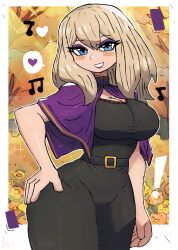 Rule 34 | !, 1girl, absurdres, belt, black belt, black dress, blue eyes, blush, breasts, brown hair, capelet, cleavage, dress, eyeshadow, flower, forest, grin, hand on own hip, heart, highres, large breasts, light rays, long hair, looking at viewer, makeup, musical note, nature, original, purple capelet, smile, sparkle, speech bubble, spoken heart, standing, sunbeam, sunlight, teeth, tony welt, tree