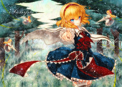 Rule 34 | acrylic paint (medium), alice margatroid, apron, ascot, bad id, bad pixiv id, blonde hair, blue dress, blue eyes, bow, capelet, doll, dress, frilled sleeves, frills, hair bow, hairband, long hair, long sleeves, looking at viewer, painting (medium), pointing, pointing at viewer, polearm, qqqrinkappp, red ascot, red bow, short hair, solo, spear, touhou, traditional media, tree, waist apron, weapon
