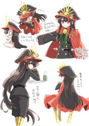 Rule 34 | 1girl, bad id, bad pixiv id, belt, black hair, black headwear, black jacket, black pants, breasts, buttons, cape, chibi, crest, family crest, fate/grand order, fate (series), hat, jacket, kodamari, koha-ace, long hair, long sleeves, looking at viewer, multiple views, oda nobunaga (fate), oda nobunaga (koha-ace), oda uri, pants, peaked cap, red cape, red eyes, simple background, sitting, small breasts, white background