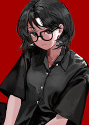 Rule 34 | .noz, 1girl, :|, black-framed eyewear, black hair, black shirt, buttons, closed mouth, commentary, curtained hair, expressionless, glasses, grey eyes, hair behind ear, highres, limited palette, looking at viewer, medium hair, open collar, original, parted hair, partially unbuttoned, red background, semi-circular eyewear, shirt, short sleeves, simple background, solo, upper body