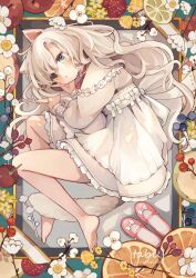 Rule 34 | 1girl, animal ears, apron, bare legs, barefoot, blue eyes, blueberry, cat ears, cat girl, cat tail, cherry, cranberry, dress, expressionless, fetal position, flower, flower request, food, frilled dress, frills, fruit, fruit request, full body, grey dress, heterochromia, lemon, long hair, long sleeves, looking at viewer, lying, mary janes, on side, orange (fruit), original, pink footwear, puffy long sleeves, puffy sleeves, red flower, shoes, tabi 0v0, tail, unworn shoes, white apron, white flower, white hair, yellow eyes, yellow flower