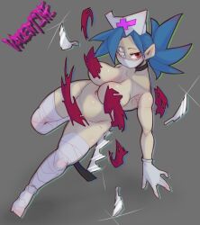 Rule 34 | + +, 1girl, absurdres, bandaged leg, bandages, bayonetto, black choker, blue hair, breasts, character name, choker, commentary, cross, doctor5648, exploding clothes, eyepatch, gloves, grey background, hacksaw, hat, highres, incoming attack, large breasts, long hair, looking at viewer, mask, mouth mask, no shoes, nurse, nurse cap, red eyes, saw, scalpel, skullgirls, solo, surgical mask, valentine (skullgirls), white gloves
