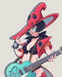 Rule 34 | 1girl, aqua eyes, black hair, breasts, choker, cleavage, electric guitar, green-tinted eyewear, green-tinted glasses, guilty gear, guilty gear strive, guitar, hat, i-no, instrument, looking over eyewear, looking over glasses, medium breasts, short hair, smile, solo, sunglasses, thighhighs, tinted eyewear, witch hat