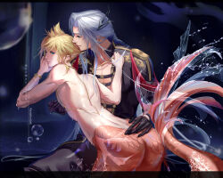 Rule 34 | 2boys, abstract background, aiguillette, alternate hairstyle, alternate species, alternate universe, bare pectorals, black gloves, black jacket, black pants, blonde hair, blue background, blue eyes, bubble, chain, chest harness, clenched hand, clothes grab, cloud strife, commentary, dated, english commentary, final fantasy, final fantasy vii, fins, fish tail, gloves, gold bracelet, gold chain, grey hair, half updo, hand on another&#039;s chest, hands up, harness, highres, jacket, jeriafterdark, long hair, looking back, male focus, merman, mermay 2024, military jacket, military uniform, monster boy, multiple boys, nipple stimulation, nipple tweak, open clothes, open jacket, pants, parted lips, pectorals, pointy ears, sephiroth, sephiroth (shinra formal uniform), short hair, shoulder boards, spiked hair, spread legs, tail, twitter username, uniform, upper body, very long hair, wet, yaoi