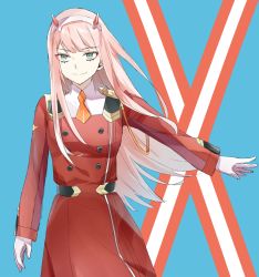 Rule 34 | 1girl, ascot, blue background, darling in the franxx, green eyes, hairband, highres, horns, kiki0001616, long hair, long sleeves, looking at viewer, military, military uniform, oni horns, orange ascot, pink hair, red horns, simple background, smile, solo, standing, uniform, white hairband, x, zero two (darling in the franxx)