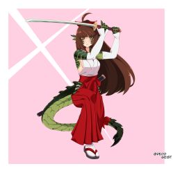 Rule 34 | 1girl, absurdres, ahoge, artist name, bare shoulders, blunt bangs, breasts, brown hair, commentary, detached sleeves, dragon girl, dragon tail, english commentary, fins, full body, hair ribbon, hakama, hakama short skirt, hakama skirt, hands up, head fins, highres, hip vent, holding, holding sword, holding weapon, japanese clothes, katana, long hair, looking at viewer, medium breasts, original, parted lips, pink background, pleated skirt, ponytail, red hakama, red ribbon, reddgeist, ribbon, sandals, scales, sheath, sidelocks, simple background, skirt, solo, sword, tabi, tail, very long hair, weapon, white footwear, yellow eyes