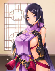 Rule 34 | 1girl, absurdres, arm guards, bare shoulders, black gloves, bloody0rabby, blush, breasts, closed mouth, elbow gloves, fate/grand order, fate (series), fingerless gloves, gloves, hair between eyes, hands on own chest, high collar, highres, large breasts, long hair, looking at viewer, minamoto no raikou (fate), parted bangs, purple eyes, purple hair, rope, sideboob, smile, solo, tabard, tassel, very long hair, window