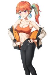 Rule 34 | 1girl, absurdres, alternate costume, alternate hairstyle, black pants, blush, breasts, collarbone, crop top, feet out of frame, green hair, hair tie, hands on own hips, highres, hololive, hololive english, jacket, jacket partially removed, kimpanzi, knees together feet apart, medium breasts, midriff, multicolored hair, nike (company), orange hair, orange sports bra, pants, parted lips, ponytail, purple eyes, sidelocks, simple background, solo, spaghetti strap, sports bra, standing, streaked hair, sweat, takanashi kiara, toned, virtual youtuber, white background, white jacket, yoga pants