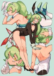 Rule 34 | absurdres, animal ears, black leotard, breasts, bukimi isan, character request, commentary request, detached collar, fake animal ears, finger to mouth, full body, green hair, green leotard, grin, high heels, highres, leotard, long hair, long sleeves, looking at viewer, lying, on stomach, original, pantyhose, playboy bunny, rabbit ears, rabbit tail, shushing, smile, standing, strapless, strapless leotard, white leotard, wrist cuffs, yellow eyes