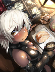 Rule 34 | 1girl, :t, bad id, bad pixiv id, bare shoulders, belko, black gloves, blush, bread, breasts, brown eyes, closed mouth, cup, curtains, dark-skinned female, dark elf, dark skin, de-chan (belko), detached sleeves, dutch angle, eating, elbow gloves, elf, fingerless gloves, food, from above, from side, gloves, holding, holding cup, indoors, long sleeves, looking to the side, medium breasts, original, pointy ears, short hair, skindentation, solo, teapot, white hair, window