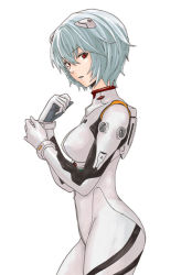 Rule 34 | 1girl, ayanami rei, blue hair, bodysuit, bracer, breasts, clenched hand, coelacanth (gyotaku), cowboy shot, from side, gloves, hair between eyes, hair ornament, holding own arm, looking at viewer, looking back, neon genesis evangelion, parted lips, pilot suit, plugsuit, red eyes, short hair, silver hair, simple background, solo, turtleneck, white background