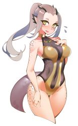 Rule 34 | 1girl, blush, body freckles, commentary, commission, covered navel, cropped legs, d:, english commentary, flying sweatdrops, freckles, grey hair, grey one-piece swimsuit, halphelt, hand up, horns, looking at viewer, one-piece swimsuit, open mouth, original, pointy ears, ponytail, simple background, solo, standing, swimsuit, tail, white background, yellow eyes