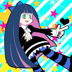 Rule 34 | 1girl, animal ears, artist request, blue hair, blue nails, blue pantyhose, blunt bangs, bright pupils, cat ears, colored inner hair, goth fashion, green eyes, long hair, looking to the side, multicolored hair, nail polish, official style, panty &amp; stocking with garterbelt, pantyhose, pointing, pointing finger, pointing to the side, star (symbol), stocking (psg), striped clothes, striped pantyhose, tagme, thighhighs, very long hair