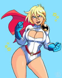 Rule 34 | 1girl, blonde hair, blue background, blue eyes, breasts, cape, cleavage, cleavage cutout, clenched hands, clothing cutout, contrapposto, dc comics, female focus, kryptonian, large breasts, leotard, noontide, power girl, red cape, short hair, solo, standing, superhero costume, superman (series)
