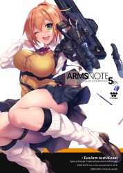 Rule 34 | arms note, artist name, bag, blonde hair, bow, breasts, cardigan vest, character name, commentary request, copyright name, eraser, exoarm joshikousei, fukai ryosuke, green eyes, gun, highres, knife, large breasts, loafers, loose socks, one eye closed, original, pencil, pleated skirt, ponytail, red bow, rifle, school bag, shoes, skirt, smile, socks, solo, v, weapon