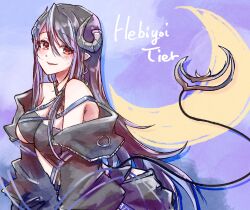 Rule 34 | 1girl, black hair, black jacket, black tube top, blush, breasts, character name, cleavage, commentary request, cowboy shot, crescent moon, curled horns, demon girl, demon horns, demon tail, grey horns, hair between eyes, hebiyoi tier, hebiyoi tier (1st costume), highres, horns, jacket, large breasts, lil (lily), long hair, looking at viewer, moon, multicolored hair, nanashi inc., off shoulder, open mouth, purple hair, sidelocks, smile, solo, strapless, sugar lyric, tail, tube top, two-tone hair, very long hair, virtual youtuber