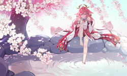 Rule 34 | 1girl, absurdres, animal ears, anklet, barefoot, blush, branch, breasts, cherry blossoms, closed mouth, commentary request, detached sleeves, earrings, eyelashes, eyeshadow, falling petals, feet, floppy ears, floral print, flower, fox, fox ears, genshin impact, hair between eyes, hair flaps, hand up, headpiece, highres, japanese clothes, jewelry, knee up, long hair, long sleeves, looking at viewer, low-tied long hair, makeup, medium breasts, morimori (14292311), nontraditional miko, pelvic curtain, petals, petals on liquid, pink flower, pink hair, purple eyes, red eyeshadow, ribbon-trimmed sleeves, ribbon trim, rock, sakuramon, shirt, sidelocks, sitting, sleeveless, sleeveless shirt, smile, soaking feet, solo, tassel, toes, tree, very long hair, vision (genshin impact), water, white shirt, white sleeves, wide sleeves, yae miko