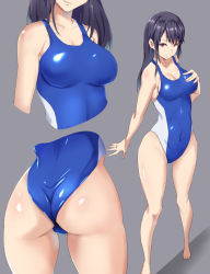 Rule 34 | 1girl, ass, barefoot, black hair, blue one-piece swimsuit, breasts, cleavage, closed mouth, commentary request, competition swimsuit, covered navel, cropped torso, grey background, hand on own chest, head out of frame, large breasts, legs, long hair, looking at viewer, moroheiya (moroheiya-works), multiple views, one-piece swimsuit, original, partial commentary, red eyes, shiny clothes, shiny skin, smile, standing, swimsuit, thighs, wedgie