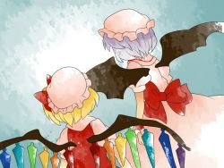 Rule 34 | 2girls, ascot, bad id, bad pixiv id, blonde hair, bow, comic, dutch angle, female focus, flandre scarlet, from behind, hair bow, hammer (sunset beach), hat, large bow, multiple girls, remilia scarlet, short hair, siblings, side ponytail, silent comic, sisters, touhou, wings, wrist cuffs
