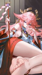 1girl absurdres animal_ears ass bare_shoulders blush breasts chinese_commentary commentary_request detached_sleeves feet floppy_ears fox fox_ears genshin_impact hair_ornament highres holding japanese_clothes jewelry large_breasts long_hair looking_at_viewer lying nontraditional_miko panties pink_hair pink_nails purple_eyes red_panties sideboob solo underwear vision_(genshin_impact) wide_sleeves yae_miko yeao951038794