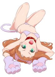 Rule 34 | 1girl, animal ears, animal hands, animal print, belt collar, bikini, blush, brown hair, cat ears, cat panties, cat print, collar, copyright request, fangs, flat chest, full body, gloves, green eyes, highres, long hair, looking at viewer, lying, navel, on back, open mouth, osame, panties, paw gloves, print panties, purple bikini, side-tie panties, simple background, solo, stomach, swimsuit, tail, underwear, upside-down, white background