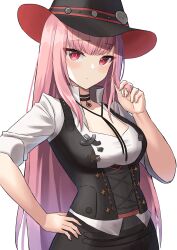 Rule 34 | 1girl, black choker, black hat, black shorts, bodice, choker, collared shirt, cowboy western, cross-laced clothes, hand in own hair, hand on own hip, hat, hat ornament, highres, hololive, hololive english, long hair, mori calliope, mori calliope (sheriff), official alternate costume, pink eyes, pink hair, popped collar, shirt, shorts, skull choker, skull hat ornament, skull ornament, solo, star (symbol), vakuuberi, virtual youtuber, white shirt