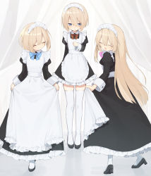 Rule 34 | 3girls, absurdres, alternate costume, apron, arms behind back, black dress, black footwear, blanc (neptunia), blue neckwear, blush, bow, bowtie, buran buta, curtsey, dress, enmaided, closed eyes, facing another, facing to the side, frilled apron, frilled dress, frills, from side, full body, hair between eyes, hand on own chest, high heels, highres, long dress, looking at another, looking at viewer, maid, maid apron, maid headdress, multiple girls, neptune (series), open mouth, pink neckwear, ram (neptunia), red neckwear, rom (neptunia), short hair, siblings, simple background, sisters, skirt hold, smile, thighhighs, twins, white apron, white background