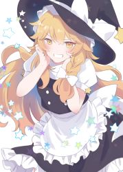Rule 34 | 1girl, apron, black dress, black hat, blonde hair, blush, bow, braid, buttons, closed mouth, dress, frills, hair between eyes, hair bow, hands on own face, hands up, hat, hat bow, highres, kirisame marisa, long hair, looking to the side, loveyuzu, puffy short sleeves, puffy sleeves, shirt, short sleeves, simple background, single braid, smile, solo, star (symbol), teeth, touhou, white apron, white background, white bow, white shirt, witch hat, yellow eyes
