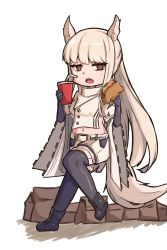 Rule 34 | 1girl, absurdres, animal ears, arknights, bag, belt, black footwear, black gloves, black pantyhose, boots, brown eyes, chibi, clothes writing, cropped jacket, cup, disposable cup, drinking straw, elbow gloves, food, gloves, highres, holding, holding cup, holding food, horse ears, horse girl, horse tail, jacket, long hair, looking at viewer, midriff, omurainu, open mouth, pantyhose, paper bag, platinum (arknights), sandwich, shorts, sidelocks, simple background, solo, tail, very long hair, white background, white belt, white hair, white jacket, white shorts, wide sleeves