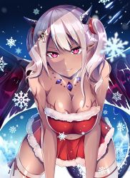 Rule 34 | + +, 1girl, absurdres, arm tattoo, breast tattoo, breasts, christmas, cleavage, dark-skinned female, dark skin, demon girl, hair ornament, highres, horns, looking at viewer, navel, original, otono fei, pointy ears, red eyes, santa costume, silver hair, skull hair ornament, smile, snowflakes, solo, tail, tattoo, thighhighs, two side up, white thighhighs, wings