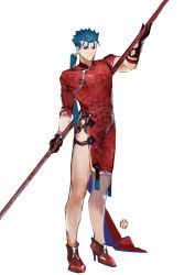 Rule 34 | 1boy, blue hair, china dress, chinese clothes, crossdressing, cu chulainn (fate), cu chulainn (fate/stay night), dress, fate/stay night, fate (series), gloves, guttia, highres, holding, holding polearm, holding spear, holding weapon, long sleeves, male focus, polearm, ponytail, red eyes, side slit, solo, spear, weapon