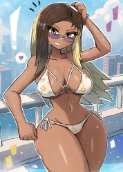Rule 34 | !, 1girl, absurdres, arm up, bikini, bracelet, breasts, brown hair, building, city, cityscape, cleavage, cloud, collarbone, dark skin, eyeshadow, gem print, glasses, grand theft auto, grand theft auto vi, grin, hand on own head, heart, highres, jewelry, large breasts, lens flare, long hair, looking at viewer, louis vuitton (brand), lucia (grand theft auto), makeup, multicolored hair, navel, o-ring, o-ring bikini, pool, print bikini, railing, rockstar, rooftop, side-tie bikini bottom, sky, skyscraper, smile, speech bubble, spoken heart, standing, sun print, swimsuit, teeth, thick thighs, thighs, tony welt, two-tone hair, water, white bikini, wide hips, yellow eyes