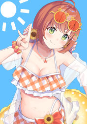 1girl absurdres bikini blue_background blush bow breasts brown_hair closed_mouth flower green_eyes hair_flower hair_ornament highres honma_himawari honma_himawari_(13th_costume) jacket kurenai_rock large_breasts looking_at_viewer navel nijisanji orange_bow smile solo stomach sunflower sunflower_hair_ornament swimsuit virtual_youtuber white_bikini white_jacket