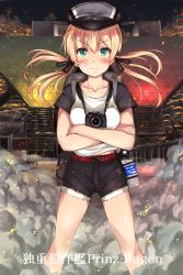 Rule 34 | &gt;:), 10s, 1girl, alternate costume, aqua eyes, backpack, bag, belt, black shorts, blonde hair, blue eyes, blush, bottle, breasts, camera, casual, closed mouth, collarbone, comiket, commentary request, crossed arms, cutoffs, eyebrows, fanny pack, floating hair, fur trim, gunbuster pose, hair ornament, hat, highres, ichikawa feesu, kantai collection, legs apart, long hair, low twintails, medium breasts, military hat, nikon (company), peaked cap, pocari sweat, prinz eugen (kancolle), product placement, raglan sleeves, railing, revision, shirt, short sleeves, shorts, sky, smile, smoke, solo, t-shirt, tokyo big sight, translation request, twintails, v-shaped eyebrows, water, water bottle