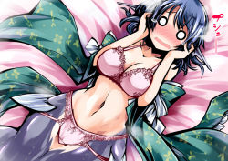 Rule 34 | 1girl, blue hair, blush, bra, breasts, cleavage, unworn clothes, curvy, detached sleeves, embarrassed, fins, head fins, hemogurobin a1c, japanese clothes, kimono, lace, lace-trimmed bra, lace-trimmed panties, lace trim, large breasts, lying, mermaid, monster girl, navel, on back, open clothes, open kimono, open mouth, panties, pink bra, pink panties, short hair, solid circle eyes, solo, tears, touhou, underwear, underwear only, wakasagihime, wavy mouth, wide sleeves