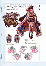 Rule 34 | 10s, 1boy, 1girl, belt, blue eyes, boots, breasts, character name, chibi, christina (granblue fantasy), coat, concept art, cup, cupping glass, draph, dress, fingerless gloves, frills, full body, gloves, granblue fantasy, hat, heart, highres, holding, holding weapon, lineart, long hair, looking at viewer, minaba hideo, muscular, necktie, non-web source, official art, one eye closed, pink hair, scan, short dress, simple background, sitting, smile, standing, very long hair, weapon, whip, wrist cuffs