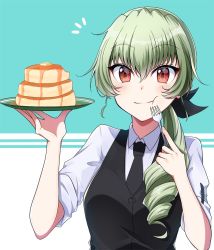 Rule 34 | 1girl, :t, alternate costume, alternate hairstyle, anchovy (girls und panzer), black necktie, black ribbon, black vest, blush, butter, commentary, dress shirt, drill hair, eating, food, food bite, fork, girls und panzer, green hair, hair over shoulder, hair ribbon, holding, holding fork, holding plate, light blush, long hair, looking at viewer, nakaba neteru, necktie, notice lines, pancake, plate, ponytail, red eyes, reverse trap, ribbon, shirt, single drill, sleeves rolled up, solo, vest, waiter, white shirt, wing collar