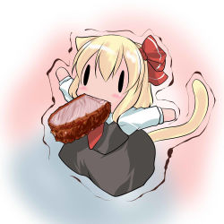 Rule 34 | 1girl, animal ears, blush, cat ears, cat tail, chibi, food, food in mouth, hair ribbon, hoshizuki (seigetsu), meat, mouth hold, necktie, outstretched arms, purumia, ribbon, rumia, skirt, skirt set, solo, tail, touhou, trembling, | |