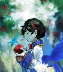 Rule 34 | 1boy, apple, bird, black hair, black headwear, blue bird, blue vest, blurry, blurry foreground, bow, bowtie, closed eyes, closed mouth, collared shirt, commentary request, food, fruit, hat, holding, holding food, holding fruit, jacket, kaigen 1025, long sleeves, male focus, neige leblanche, open clothes, open jacket, orchard, outdoors, plaid, plaid shirt, red bow, red bowtie, shirt, short hair, smile, twisted wonderland, upper body, vest, white jacket, white shirt, wide sleeves