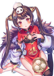 Rule 34 | 1girl, :o, anchor hair ornament, anklet, azur lane, bamboo steamer, baozi, bare legs, barefoot, black thighhighs, blush, breasts, china dress, chinese clothes, cleavage cutout, clothing cutout, coat, commentary request, dragon print, dress, food, from above, fur-trimmed coat, fur trim, hair ornament, hand on own chest, highres, jewelry, long hair, long sleeves, looking at viewer, looking up, off shoulder, open clothes, open coat, open mouth, panda, pelvic curtain, ping hai (azur lane), print dress, purple eyes, red dress, simple background, single thighhigh, sitting, small breasts, solo, suzaku (zaku6584), tareme, thighhighs, twintails, very long hair, wariza, white background, white coat