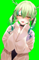 Rule 34 | 1girl, :d, absurdres, antlers, aotake iro, black choker, black ribbon, black skirt, branch, ceres fauna, ceres fauna (jirai kei), choker, dutch angle, flower, gradient hair, green background, green hair, hair flower, hair ornament, hair ribbon, hands up, highres, hololive, hololive english, horns, jacket, long hair, long sleeves, multicolored hair, off shoulder, open clothes, open jacket, open mouth, puffy long sleeves, puffy sleeves, purple shirt, ribbon, shirt, simple background, skirt, sleeves past wrists, smile, solo, streaked hair, twintails, virtual youtuber, white flower, white jacket