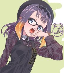 Rule 34 | 1girl, beret, blue eyes, commentary request, dress, fukuda keita, glasses, hat, headpiece, hololive, hololive english, ninomae ina&#039;nis, ninomae ina&#039;nis (casual), open mouth, pinafore dress, pinstripe pattern, pinstripe shirt, pointy ears, purple hair, purple shirt, shirt, sleeveless, sleeveless dress, speech bubble, striped, teeth, tentacle hair, tongue, virtual youtuber