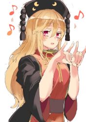 Rule 34 | 1girl, belt, black dress, black hat, blonde hair, blush, bow, bowtie, breasts, brown belt, chinese clothes, crescent, dress, fox shadow puppet, fumikiri (dake no hito), hair between eyes, hands up, hat, highres, junko (touhou), long hair, long sleeves, looking at viewer, medium breasts, musical note, open mouth, phoenix crown, pink eyes, pom pom (clothes), red vest, simple background, smile, solo, tabard, touhou, vest, white background, wide sleeves, yellow bow, yellow bowtie