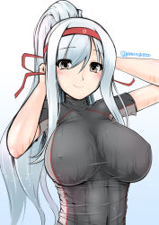 Rule 34 | 10s, 1girl, adjusting hair, alternate hairstyle, blush, breasts, brown eyes, covered erect nipples, female focus, gradient background, grey hair, hairband, hassen (8cm), headband, kantai collection, large breasts, long hair, looking at viewer, ponytail, ribbon, shoukaku (kancolle), smile, solo, swimsuit, twitter username, upper body, wet, wet clothes