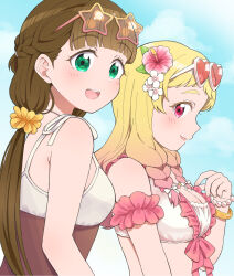 Rule 34 | 2girls, arm scrunchie, bikini, blonde hair, blue sky, blunt bangs, blush, bow, bow bikini, bracelet, braid, breasts, brown hair, cleavage, cloud, embarrassed, eyewear on head, fingernails, flower, french braid, frilled bikini, frills, gradient hair, green eyes, hair flower, hair ornament, hair ribbon, hair scrunchie, happy, heart, heart-shaped eyewear, hibiscus, highres, jenny (artist), jewelry, lips, long hair, looking at viewer, love live!, love live! superstar!!, low twin braids, low twintails, medium breasts, multicolored hair, multiple girls, necklace, one-piece swimsuit, onitsuka natsumi, open mouth, pearl bracelet, pearl necklace, red eyes, ribbon, sakurakoji kinako, scrunchie, sky, smile, star-shaped eyewear, star (symbol), star necklace, summer, swimsuit, twin braids, twintails, two-tone swimsuit, upper body, wavy mouth