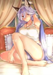 Rule 34 | 10s, 1girl, abo (hechouchou), animal ears, barefoot, blush, breasts, collarbone, commentary request, curtains, erune, granblue fantasy, hair between eyes, hairband, hand in own hair, heles, indoors, jewelry, knee up, legs, long hair, looking at viewer, medium breasts, necklace, on bed, pendant, pillow, red eyes, shirt, shorts, silver hair, sitting, smile, solo, tank top, thighs, white shirt, window