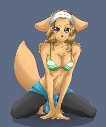 Rule 34 | 1girl, :3, absurdres, animal ears, arm support, black pants, blonde hair, blue eyes, blush, breasts, cleavage, closed mouth, denim, dog ears, dog tail, ears down, full body, furry, furry female, head scarf, highres, jeans, kemonomono-blog, kneeling, knees apart feet together, leaning forward, light brown hair, long hair, looking at viewer, medium breasts, one piece, pants, simple background, smile, solo, swimsuit, tail, tail raised, tareme, underwear, wanda (one piece)