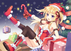 Rule 34 | 1girl, :d, bare shoulders, black thighhighs, blonde hair, blush, boots, bow, breasts, candy, candy cane, choker, christmas, christmas tree, cleavage, english text, fang, female focus, food, fur trim, gift, gloves, hair bow, hat, holding, holding candy, holding candy cane, holding food, holly, leg lift, long hair, mauve, medium breasts, open mouth, original, purple eyes, red gloves, ribbon, santa costume, santa hat, short twintails, sitting, smile, snowflakes, solo, star (symbol), thighhighs, twintails, two side up