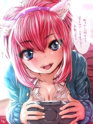 Rule 34 | animal ears, blue eyes, breasts, cat ears, cleavage, dated, fangs, hairband, handheld game console, looking at viewer, open mouth, original, pink hair, school uniform, smile, solo, souryu, translation request, tsurime, unbuttoned