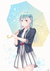 Rule 34 | 1girl, aqua eyes, aqua hair, belt, blush, breasts, buckle, collarbone, dress, hair ornament, hair over shoulder, hairclip, highres, holding, holding umbrella, jacket, kantai collection, large breasts, long hair, looking away, multicolored umbrella, open mouth, parted lips, pink belt, signature, simple background, skirt, smile, solo, standing, striped clothes, striped dress, suzuya (kancolle), thighs, umbrella, yukai nao